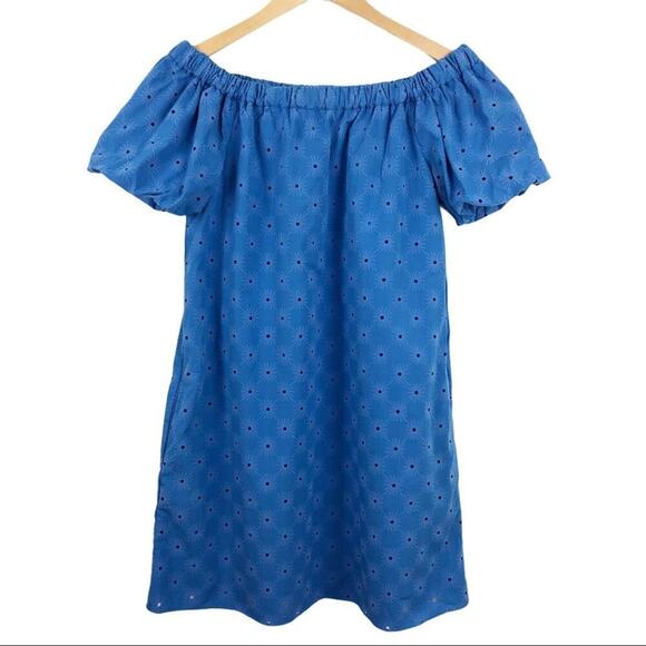 Zara Floral Openwork Textured Blue Off Shoulder Mini Sun Dress Balloon Sleeve - Picture 3 of 15